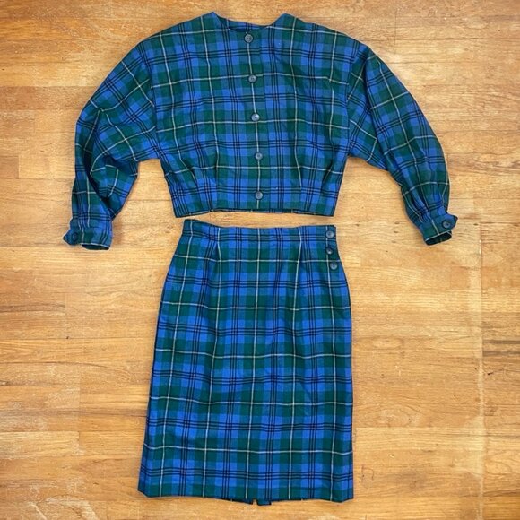 Vintage Wool Suit Set Size Medium 80s Blue Plaid Skirt & Cropped Jacket Plaid w - Picture 1 of 9